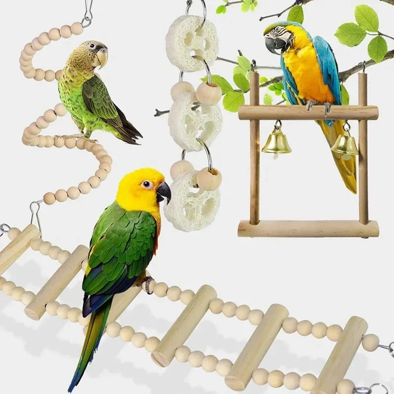 Colorful Bird Chewing Toys Set for Parrots Parakeets Shredding Hanging Foraging Toy with Rope Bungee
