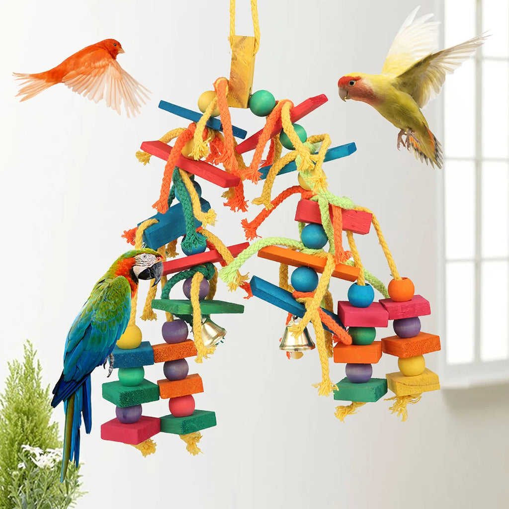 Wood Parrot Bird Toys Hanging Rope Pet Ladder Multicolored Wooden Cotton Rope Birds Chewing Toy  Hang Swing