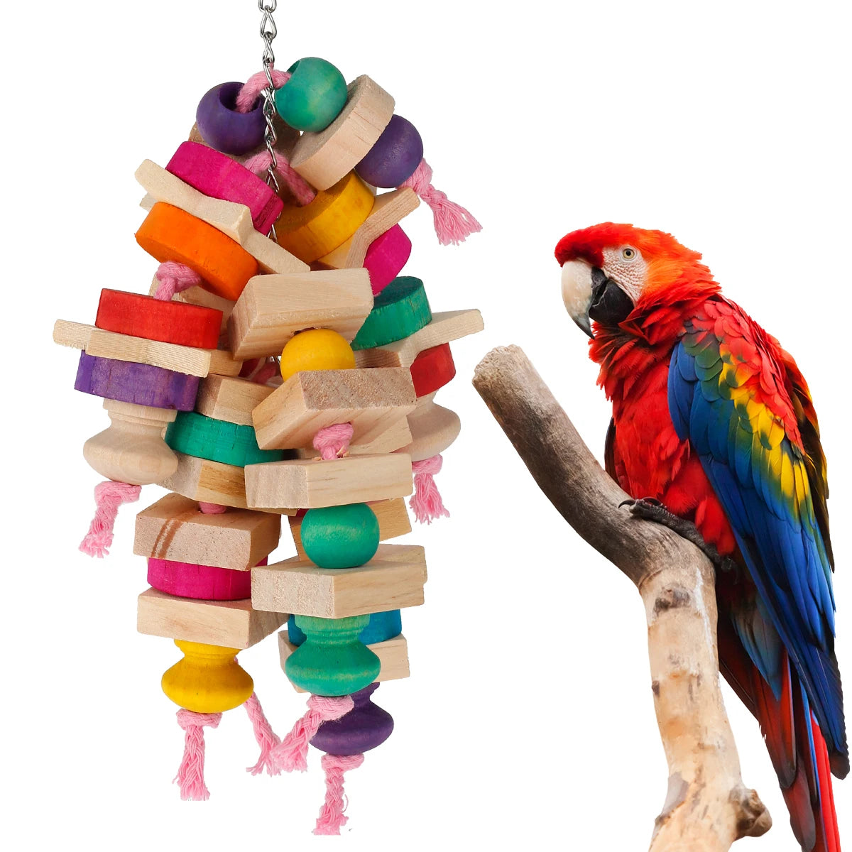 Wood Parrot Bird Toys Hanging Rope Pet Ladder Multicolored Wooden Cotton Rope Birds Chewing Toy  Hang Swing