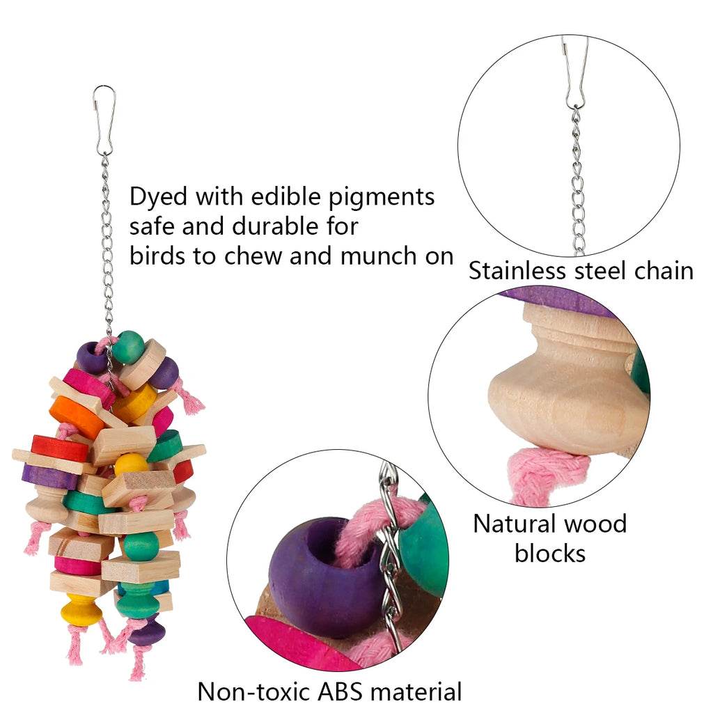 Wood Parrot Bird Toys Hanging Rope Pet Ladder Multicolored Wooden Cotton Rope Birds Chewing Toy  Hang Swing