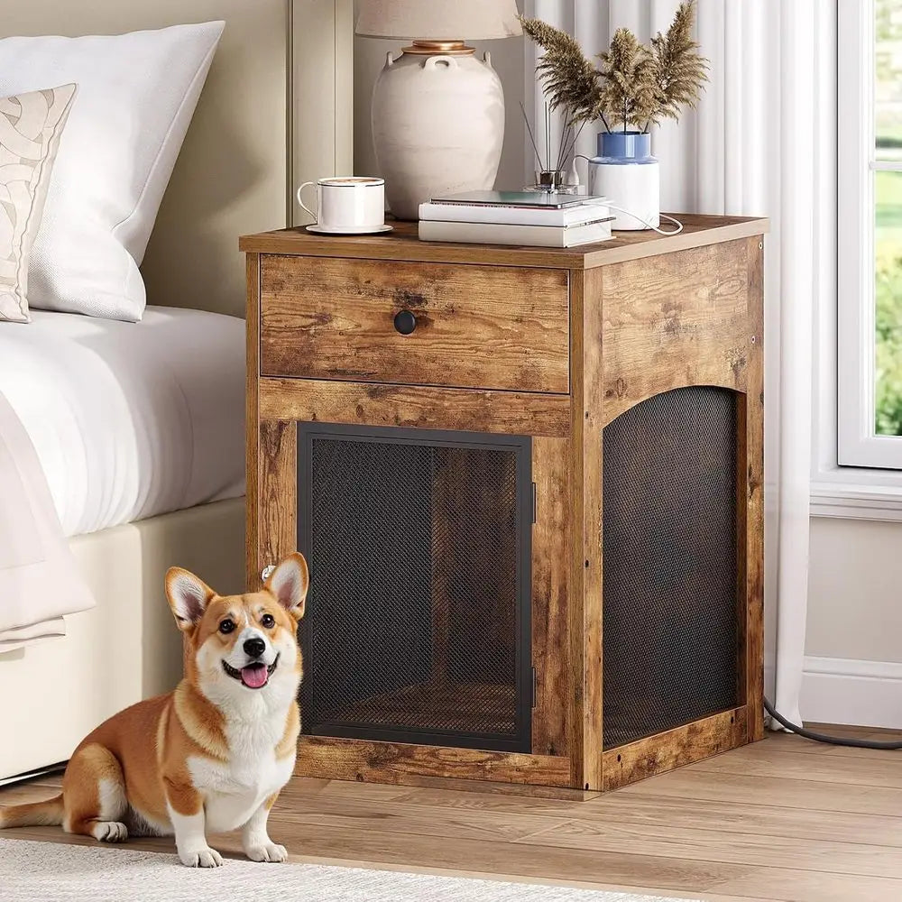 Dog Crate furniture, Dog Kennel with Der and Charging Station, Indoor Decorative House, Wooden Pet Crate End Table
