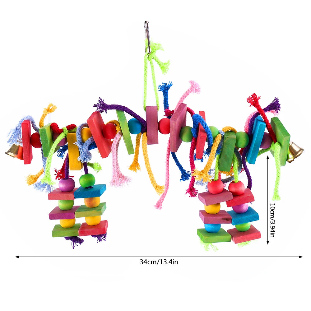 Wood Parrot Bird Toys Hanging Rope Pet Ladder Multicolored Wooden Cotton Rope Birds Chewing Toy  Hang Swing