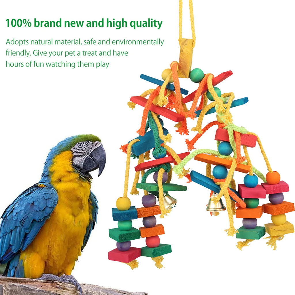 Wood Parrot Bird Toys Hanging Rope Pet Ladder Multicolored Wooden Cotton Rope Birds Chewing Toy  Hang Swing