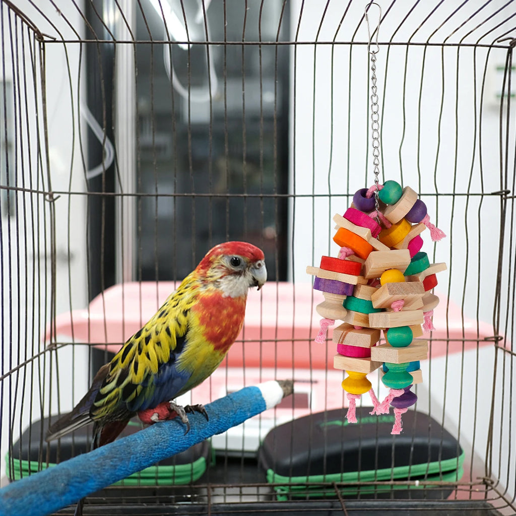 Wood Parrot Bird Toys Hanging Rope Pet Ladder Multicolored Wooden Cotton Rope Birds Chewing Toy  Hang Swing