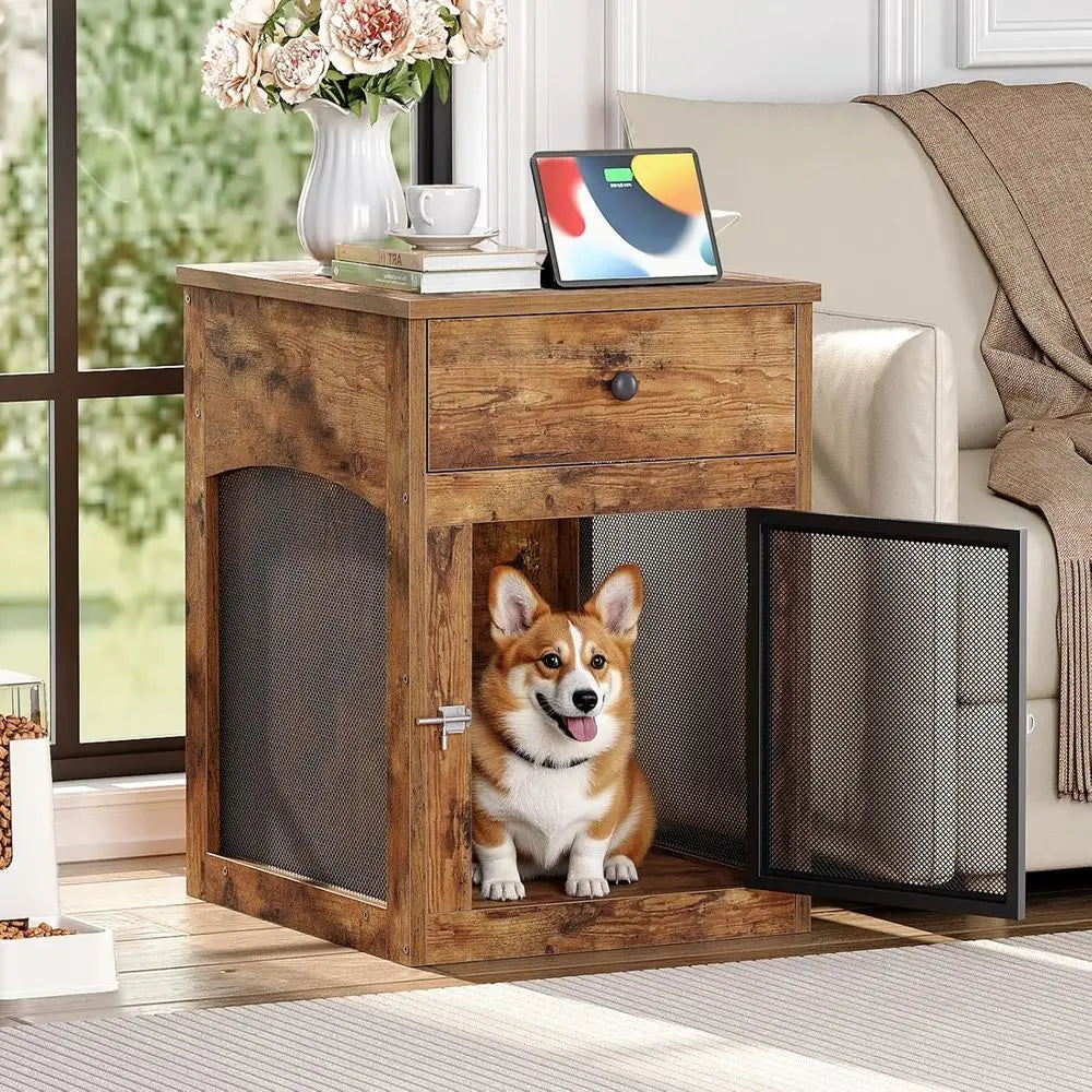 Dog Crate furniture, Dog Kennel with Der and Charging Station, Indoor Decorative House, Wooden Pet Crate End Table